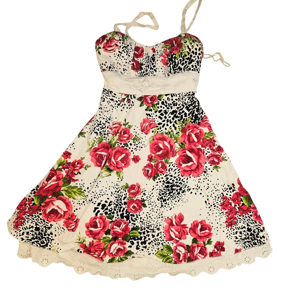 My Michelle Floral Leopard Print‎ Eyelet Lace Fit Flare Dress Cream Pink Size 7